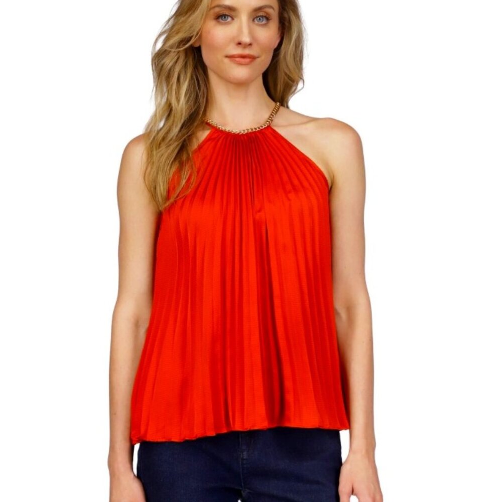 Michael Kors Womens Pleated Chain Sleevele Bright Terracotta S